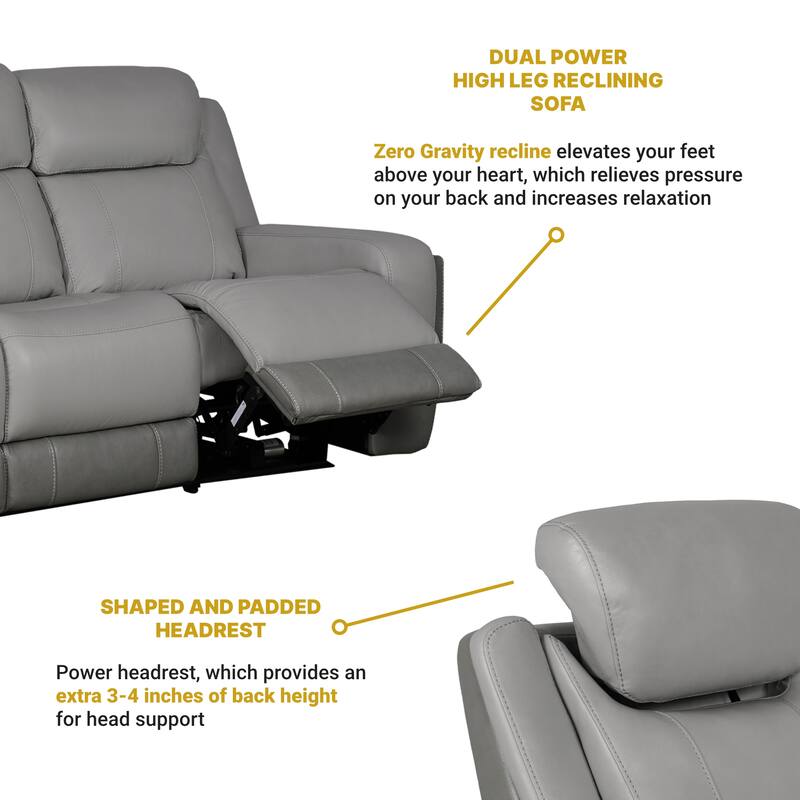 Rosalyn 87" Zero Gravity Silver and Gray Leather Power Reclining Sofa with Dropdown Console