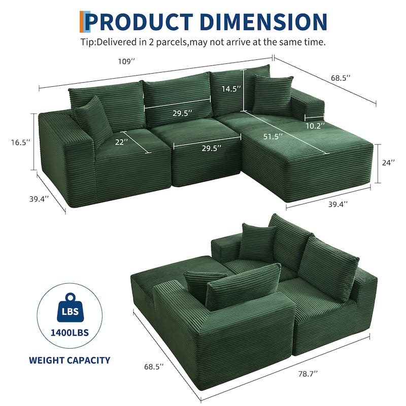 109'' Corduroy Modular Sectional Sofa with Chaise