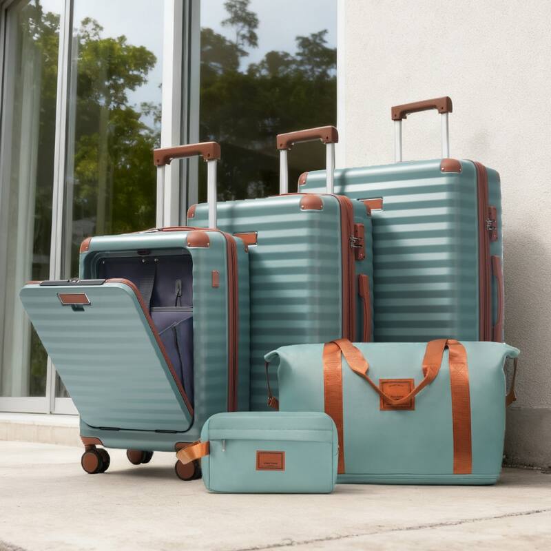 5-Piece Modern Expandable Luggage Sets, Front-opening Luggage with USB Port, Cup Holder and TSA Lock, for Boarding Travel