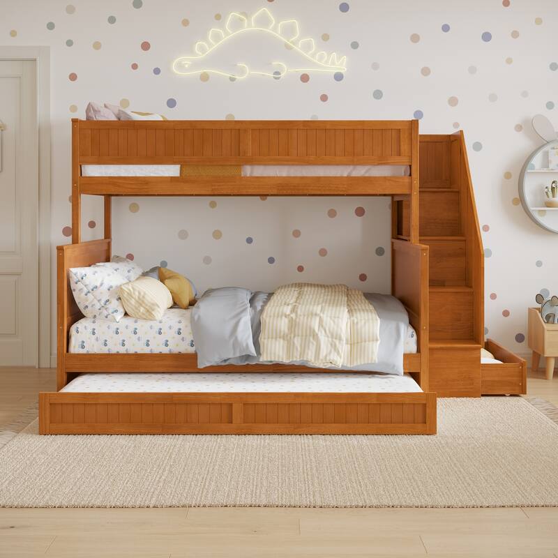 Twin Over Full Staircase Bunk Bed with Built-In Storage and Pull-Out Trundle - Light Toffee