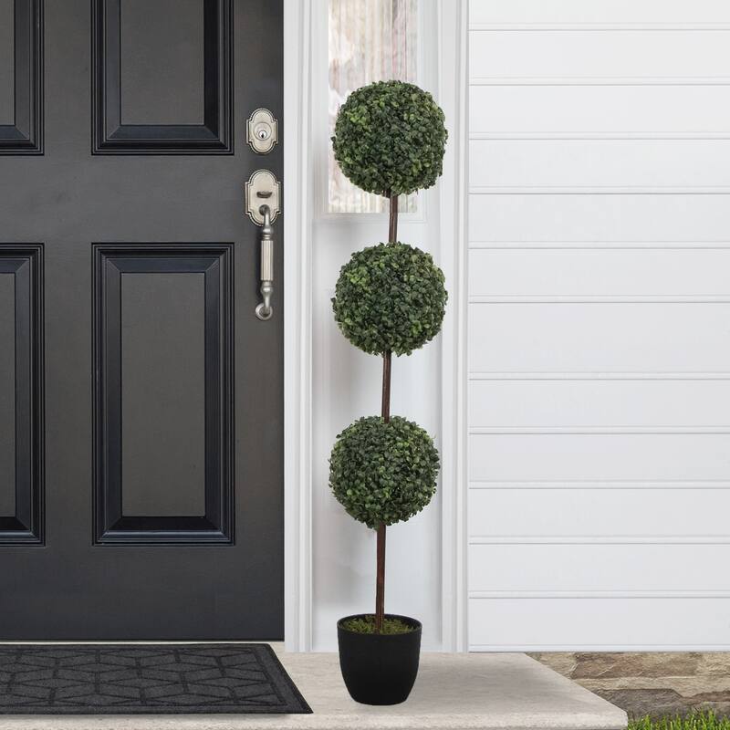 4' Artificial Two-Tone Boxwood Triple Ball Topiary Tree with Round Pot Unlit - 7.5