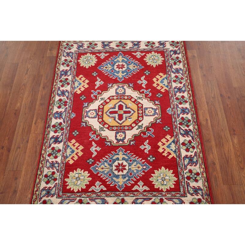 Red Geometric Kazak Pakistan Accent Rug Handmade Wool Carpet - 2'9" x 3'9"