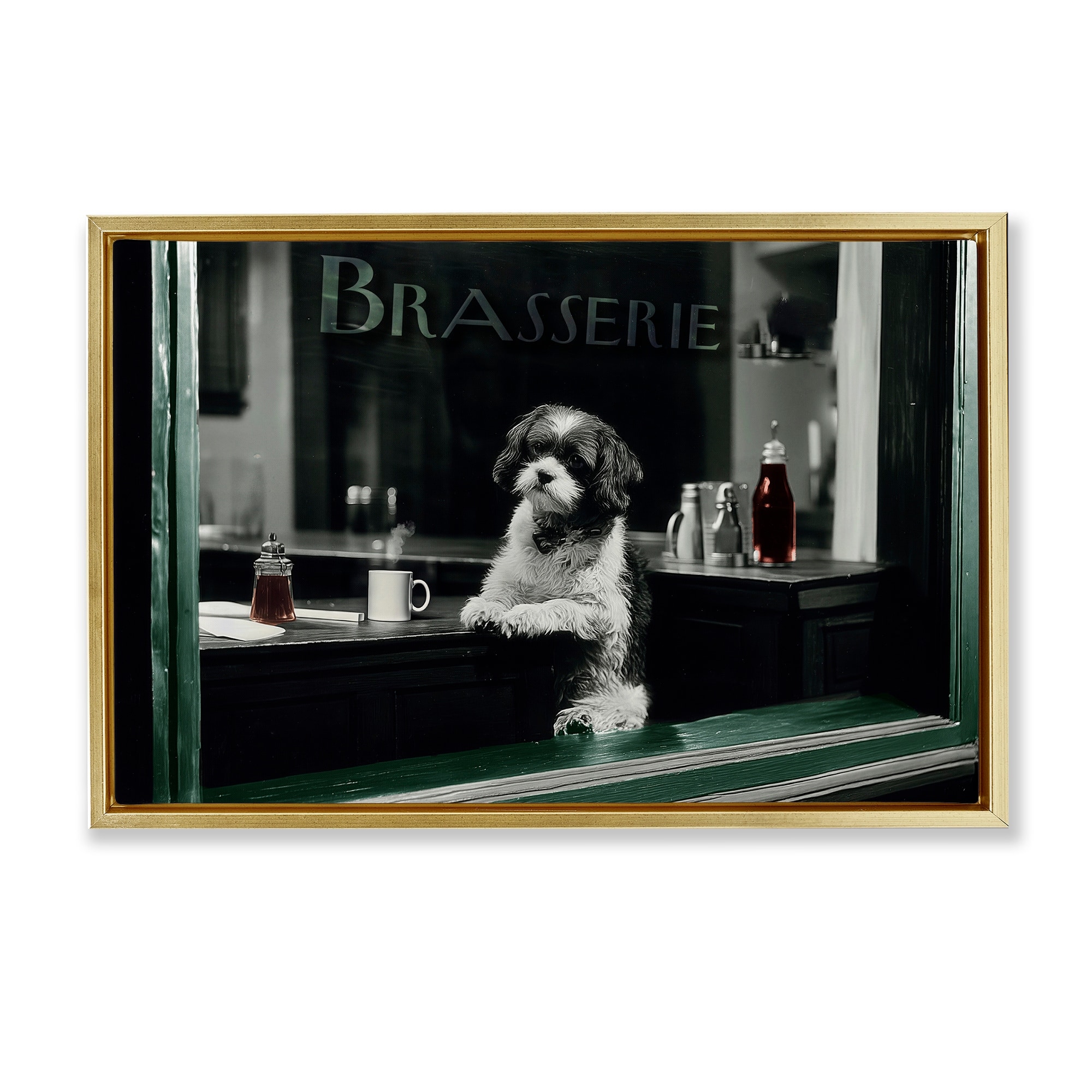 Stupell Brasserie Vintage Dog in Window Framed Floater Canvas Wall Art Design By Annabelle Hall