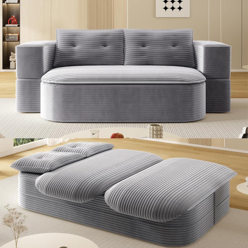 78.7" Modern Convertible Corduroy Sofa Bed with 2 Pillows, Floor Deep Seat Sleeper Couch, Foldable 2-in-1 Sofa for Living Room - LIGHT GREY