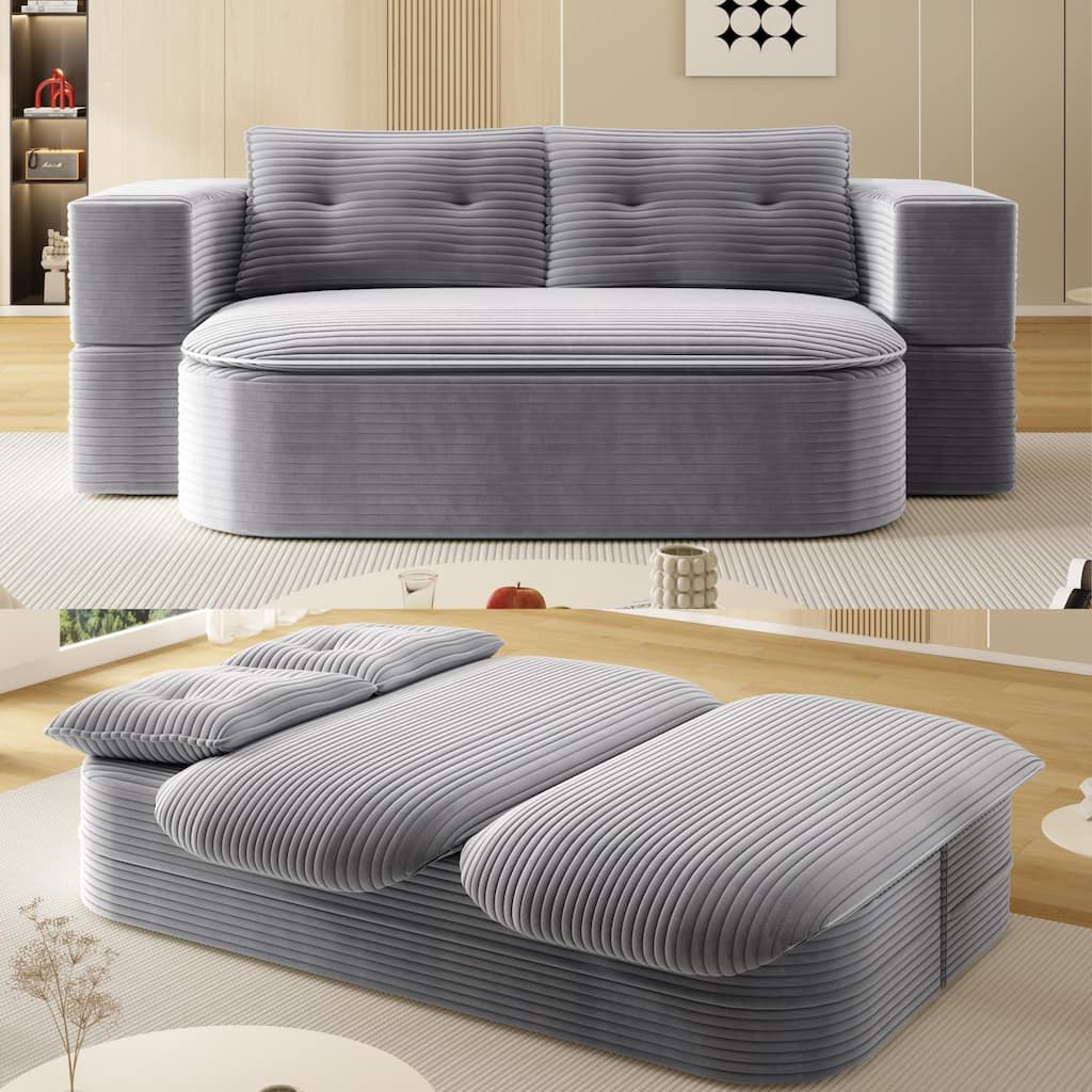 78.7" Modern Convertible Corduroy Sofa Bed with 2 Pillows, Floor Deep Seat Sleeper Couch, Foldable 2-in-1 Sofa for Living Room