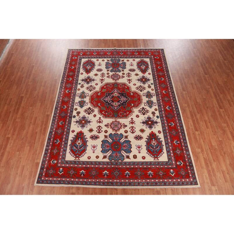 Hand Knotted Oriental 100% Wool Carpet Traditional Medallion Beige & Ivories Kazak Area Rug - 11' 7'' X 8' 7''