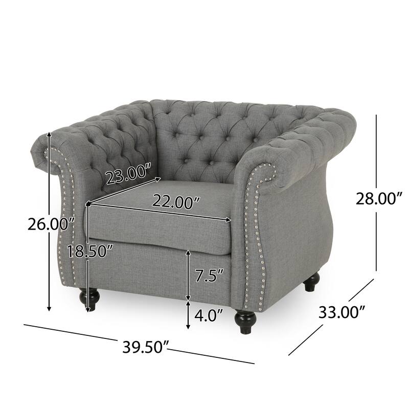 Roomfitters Tufted Chesterfield Accent Chair with Rolled Arms and Nailhead Trim, Upholstered Armchair for Living Room, Grey