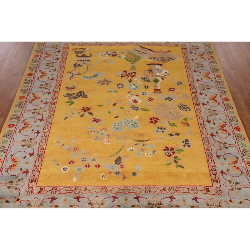 Floral Yellow Heriz Serapi Indian Area Rug Hand-Knotted Wool Carpet - 7'9" x 9'11"