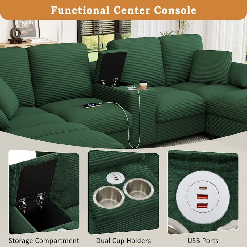 116.9" Modern Sectional Sofa with Storage Ottomans and USB Ports, Cup Holders
