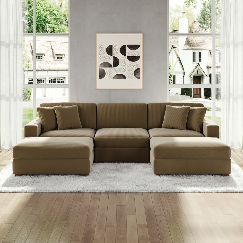 Modular Corduroy Sectional Sofa Set Chaise Couch with Ottoman