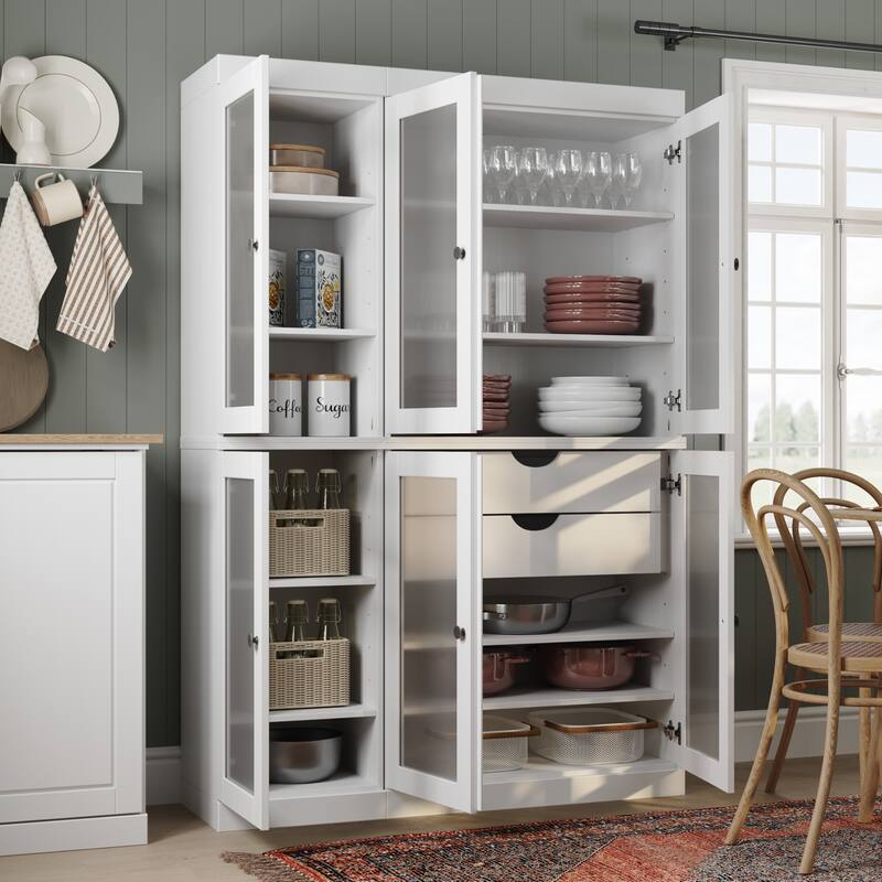 100% Solid Wood 48.5" Pantry Cabinet with Frosted Glass Doors and 2-Drawers