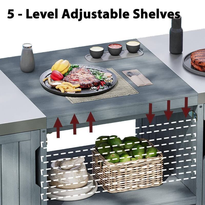 66.5" Outdoor Kitchen Island for Big Green Egg Grills,Solid Wood Outdoor Grill Cart for Tabletop Grill with Stainless Steel Top