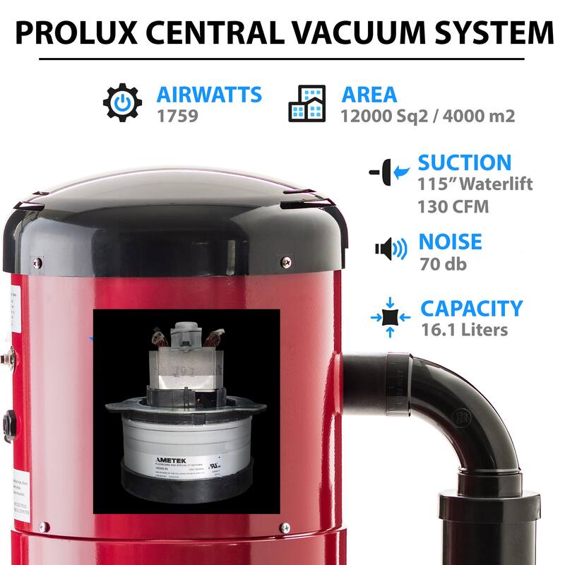 Prolux CV12000 Red Central Vacuum Cleaner Power Unit with Powerful 2 Stage Motor and HEPA Filtration