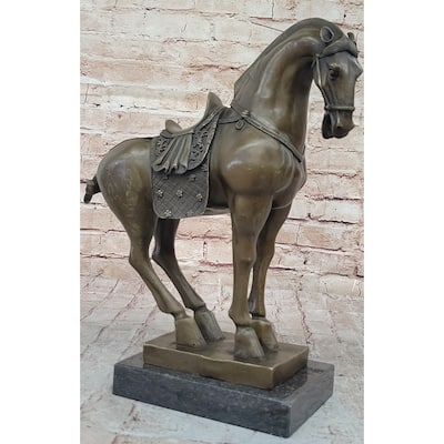 Tang Dynasty Imitative Horse Bronze Sculpture Mantle Marble Base Statue Hot Cast Figurine 14 Inches X 12 Inches
