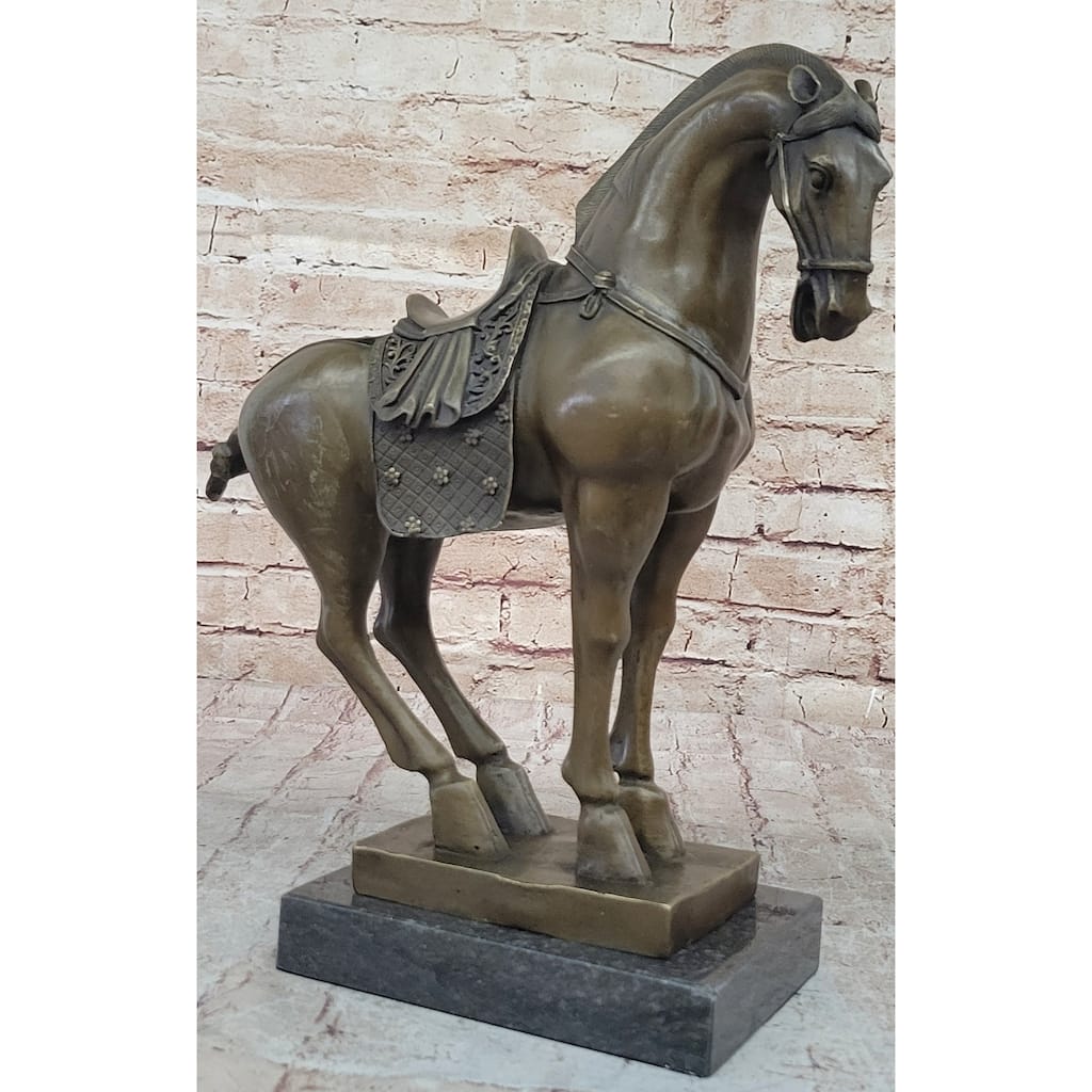 Tang Dynasty Imitative Horse Bronze Sculpture Mantle Marble Base Statue Hot Cast Figurine 14 Inches X 12 Inches