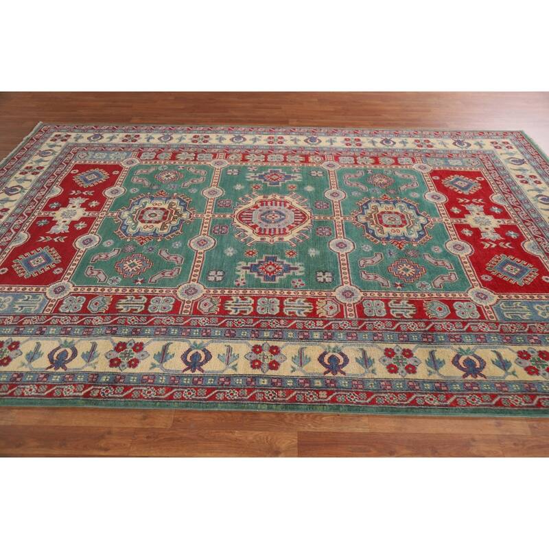 Hand Knotted Oriental 100% Wool Carpet Traditional Geometric Green Kazak Area Rug - 9' 9'' X 6' 7''