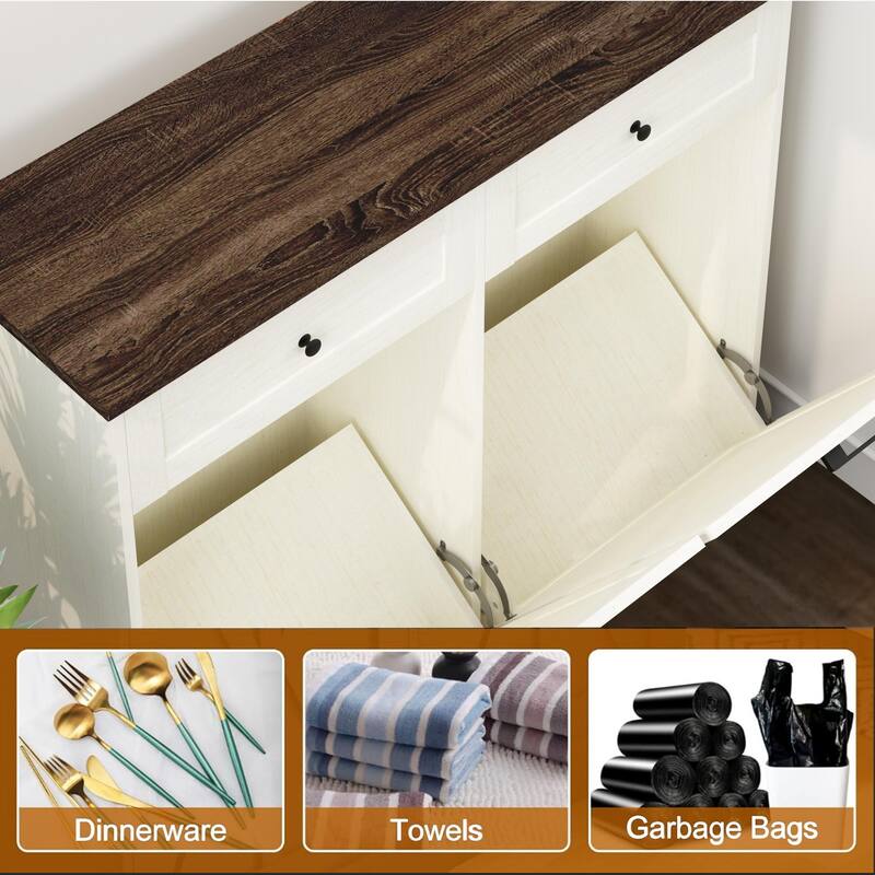 20 Gallon Double Tilt Out Trash Can Cabinet Freestanding Trash Bin Cabinet Wood Garbage Recycling Cabinet with Hideaway Drawer