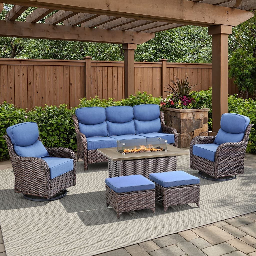 Arcadia 6-Piece Wicker Outdoor Patio Fire Pit Sofa Set with 6-Inch Thick Cushions