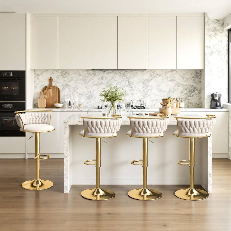 Velvet Upholstered Adjustable Bar Stool Swivel Counter Chair Set of 2 - Ivory/Gold - Set of 4