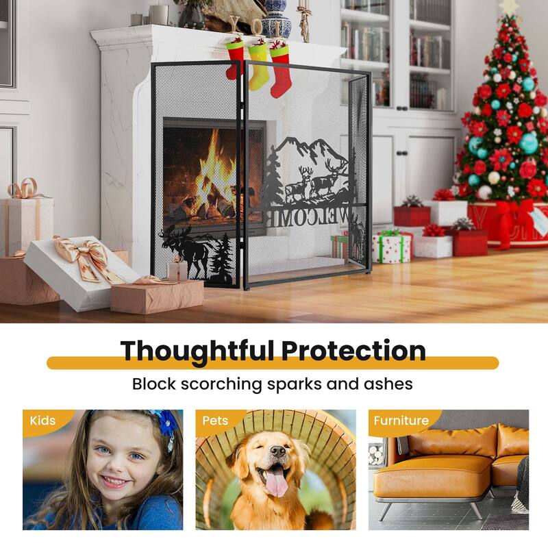 Costway 52 x 31 In Fireplace Screen 3-Panel Spark Guard with Natural - See Details