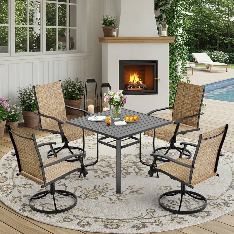 Patio Dining Set w Textilene / Swivel Rocking Chairs, Outdoor Table & Chairs w Adjustable Umbrella Hole, 5/7/9-Piece Garden Set