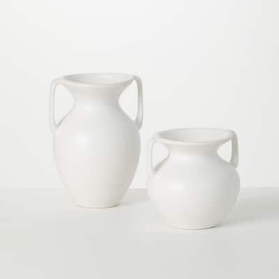 Sullivans Bisque Ceramic Handled Ceramic Urn Set of 2, 9"H & 6"H White - 6.25"L x 5.25"W x 9"H, 6.25"L x 5.25"W x 6"H