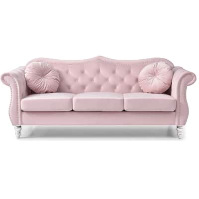 Velvet Tufted Chesterfield 3-Seater Sofa with Throw Pillows - 82" - Pink