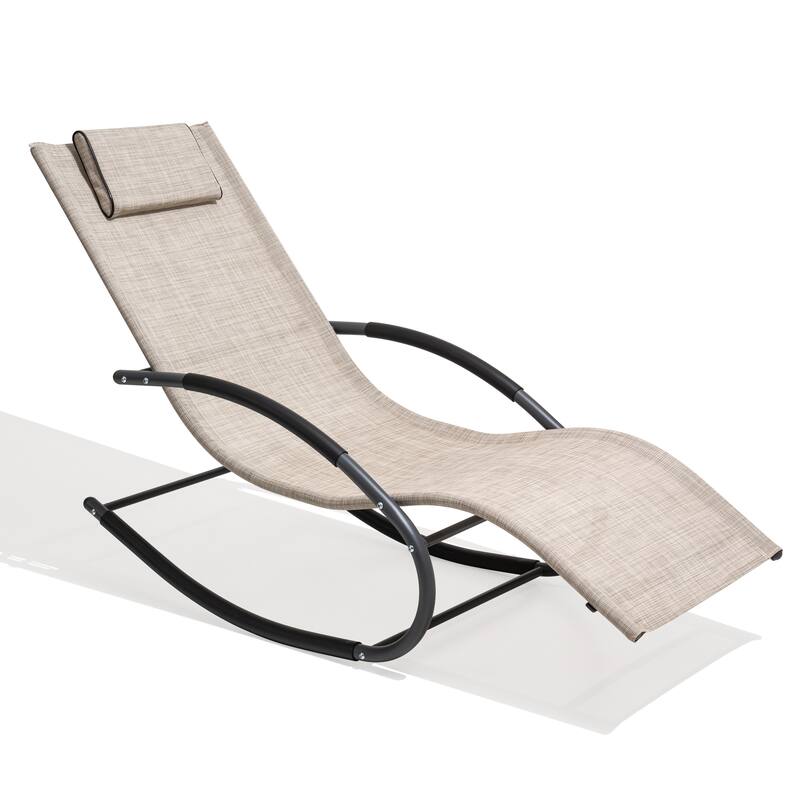Outdoor Patio Rocking Chair Curved Rocker Chaise Lounge Chair with Pillow