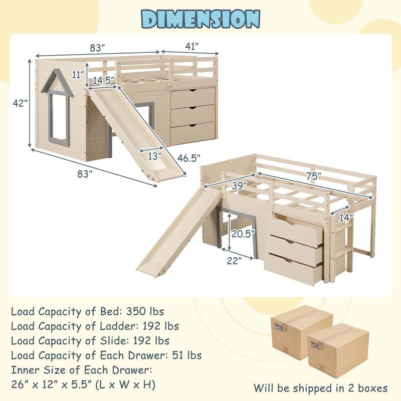 Twin Low Loft bed with Slide Ladder Storage Drawers Play Game Space