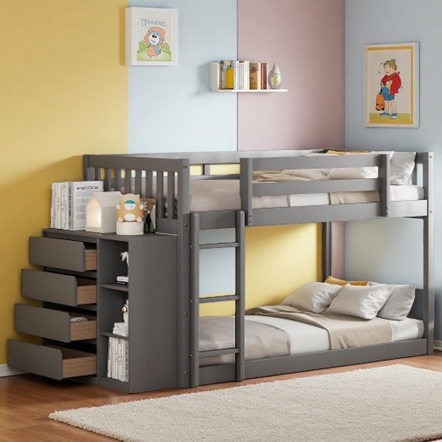 Twin over Twin Bunk Bed with 4 Drawers and 3 Shelves, Solid Pine Frame, Storage Bunk