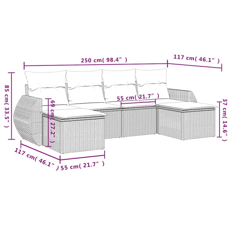 vidaXL 6 Piece Patio Sofa Set with Cushions Brown Poly Rattan - 21.7" x 24.4" x 27.2"