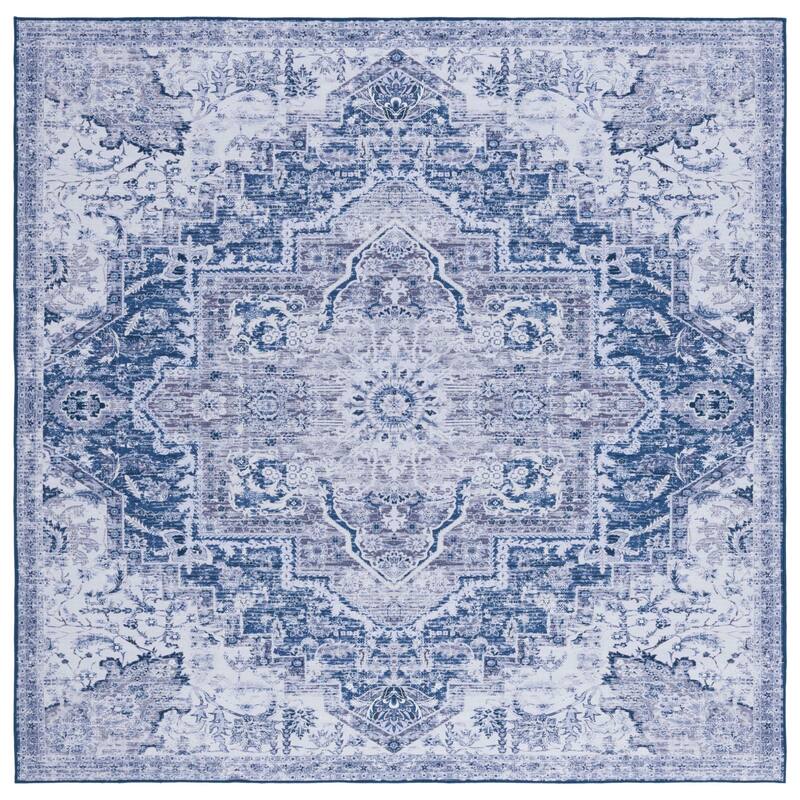 SAFAVIEH Tucson Machine Washable Slip Resistant Mallaury Distressed Rug - 6' Square - Navy/Grey