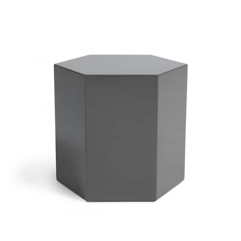 Modern Light Gray High Gloss Hexagonal End Table with MDF & Solid Wood Drum Base - 13" x 15" x 13"