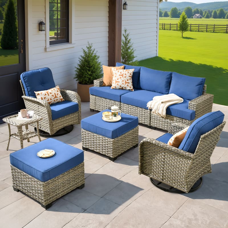 XIZZI 8-piece Outdoor Grey Wicker Furniture Conversation Set - Navy Blue