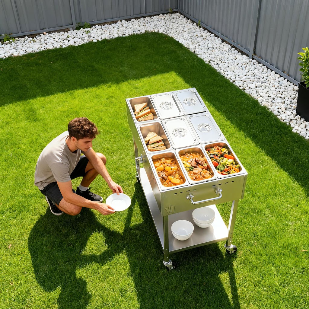 9 Propane Steam Table, L Gas Outdoor Soup Warmer 3" Wheels,StainlessSteel Propane Food Warmer&Adjustable Temperature