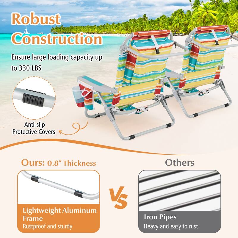 Oxford Fabric Folding Beach Chair with Adjustable Backrest, Headrest and Storage - 26" L x 25.5" W x 31" H