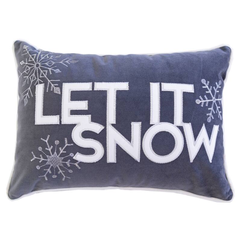 Velvet Lumbar Pillow with Snowflake Embroidery Let It Snow Design and Insert 14x20 - Gray
