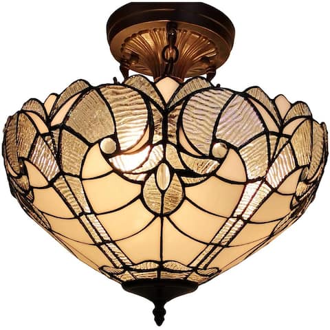 Tiffany Style Ceiling Lamp Fixture Semi Flush 16" Wide White Stained Glass 2 Dining Room Gift AM216HL16B Amora Lighting