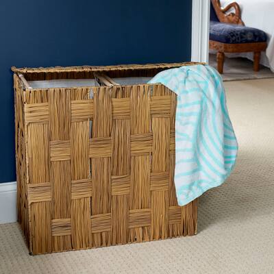 Household Essentials Wicker Double Hamper with Cotton Liners and Metal Frame
