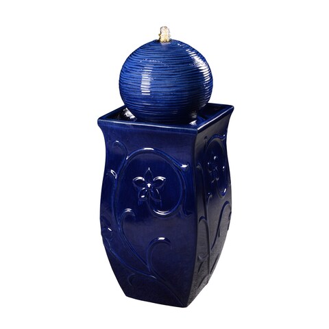 Broderic 34" tall Outdoor Ceramic Fountain, Cobalt Blue, LED Lights - 14" x 33"