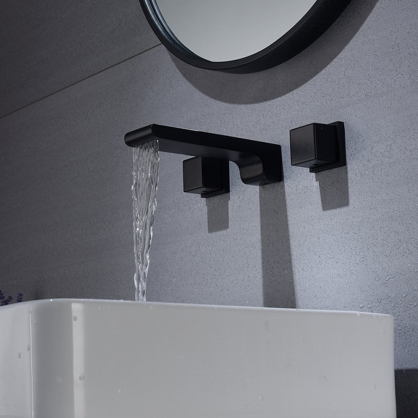 slide 2 of 4, waterfall matte black wall mount Dual Handle Bathroom Sink Faucets with Brass Pop up Overflow Drain - 5' x 11'