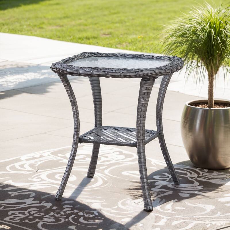 Patio Rattan Wicker Coffee Table with Tempered Glass Top - Grey