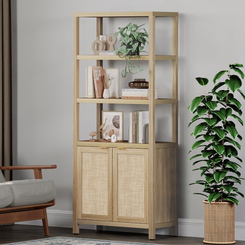 SICOTAS 5 Tier Adjustable Bookshelf with Rattan Storage Cabinet - Oak