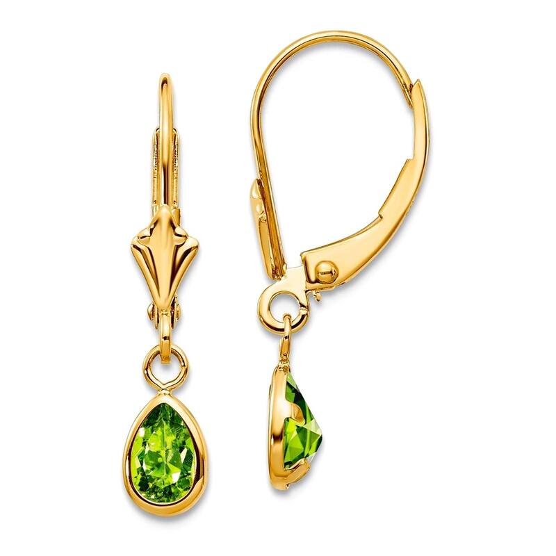 Curata 14k Yellow Gold Bezel 4x6mm Pear Gemstone Birthstone Leverback Earrings - 23x4mm - Peridot