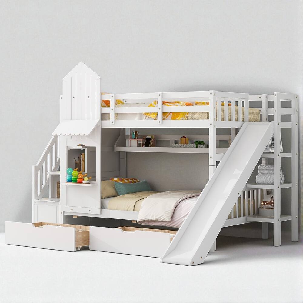 Castle Style Twin/Full Bunk Bed with Slide, 2 Drawers and 3 Shelves, Fence Design, Solid Wood Frame