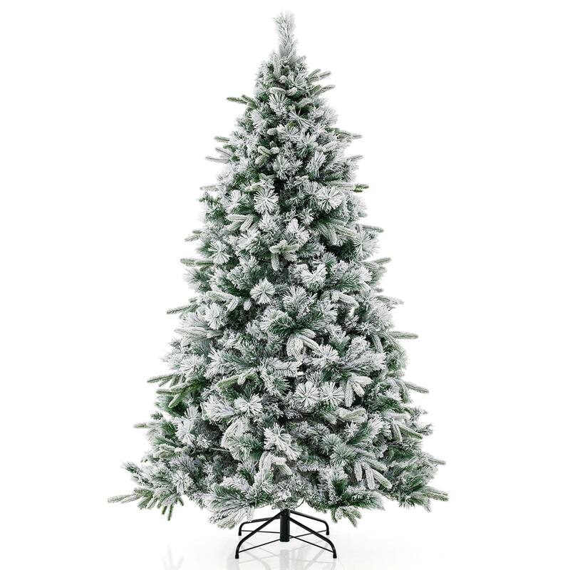 Costway 6/7 FT Pre-Lit Flocked Christmas Tree Hinged Xmas Decoration