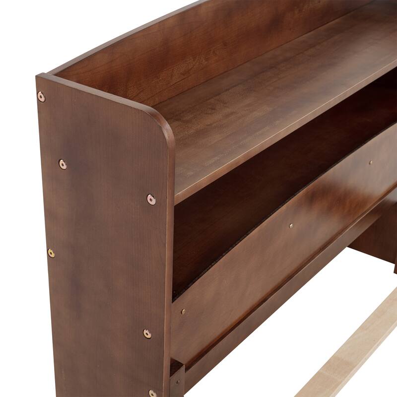 Full Size Pine Bed w/ Bookcase Headboard ,LED Sensor Light, Guardrails