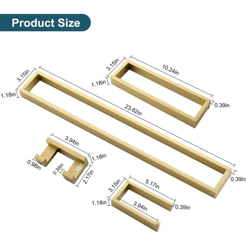 4-Piece Modern Gold Bathroom Hardware Set - Towel Bar and Brackets, Stainless Steel, Wall Mount, 23.6 Inch