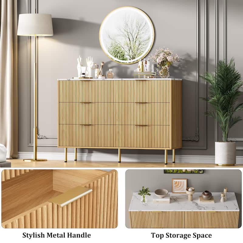 6 Drawer Fluted Dresser for Bedroom, Modern Wooden Storage Chest with Gold Handles