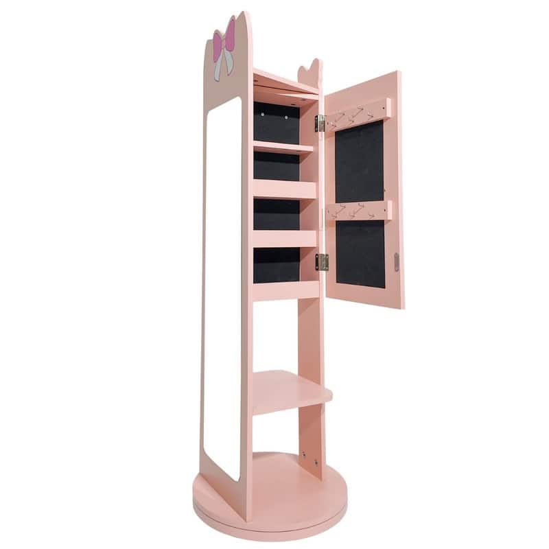 Kids MDF Jewelry Cabinet In White Jewelry Armoire With Rotatable Base, 1 Door And 1 Shelf - N/A - Pink